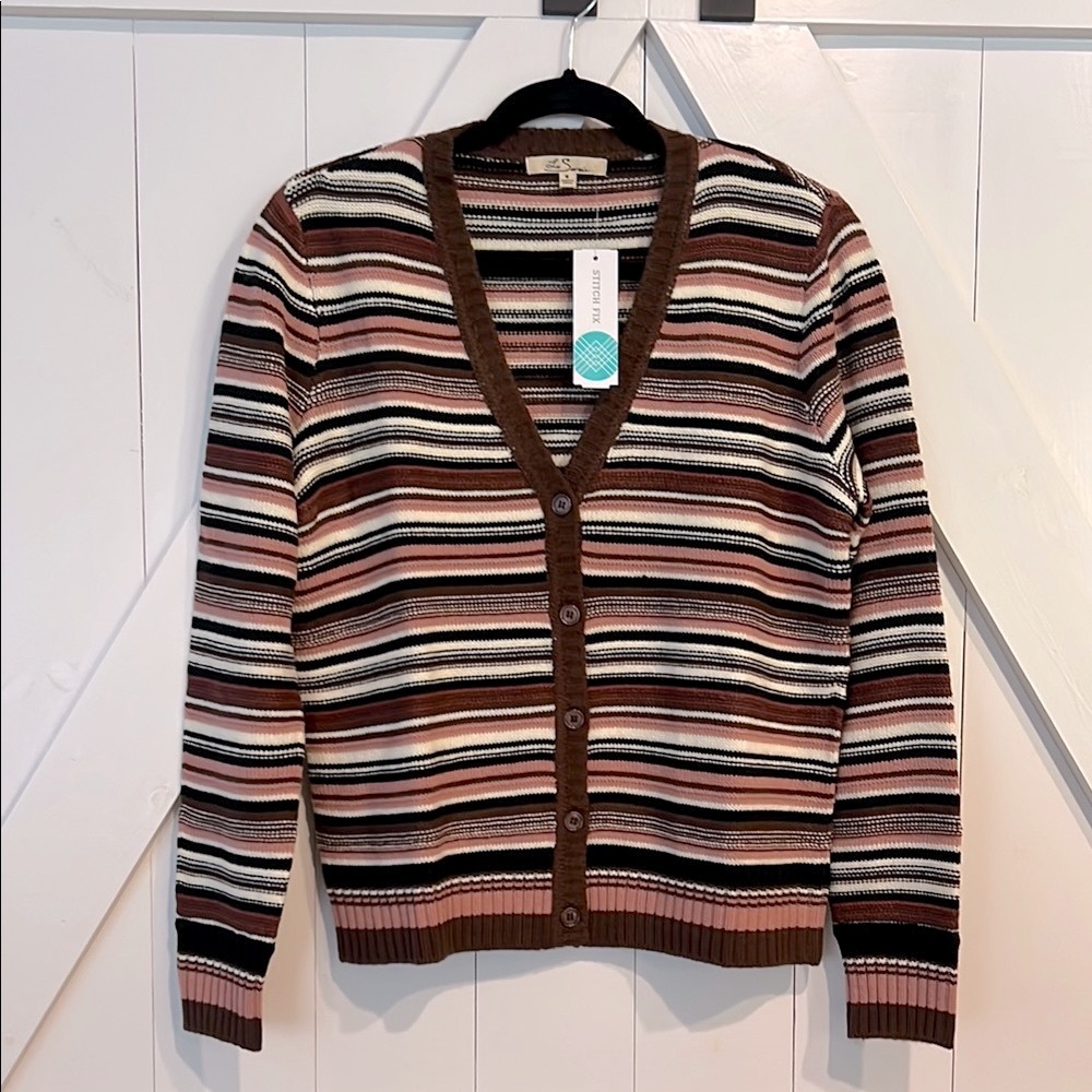 Striped V-Neck Button-Up Sweater